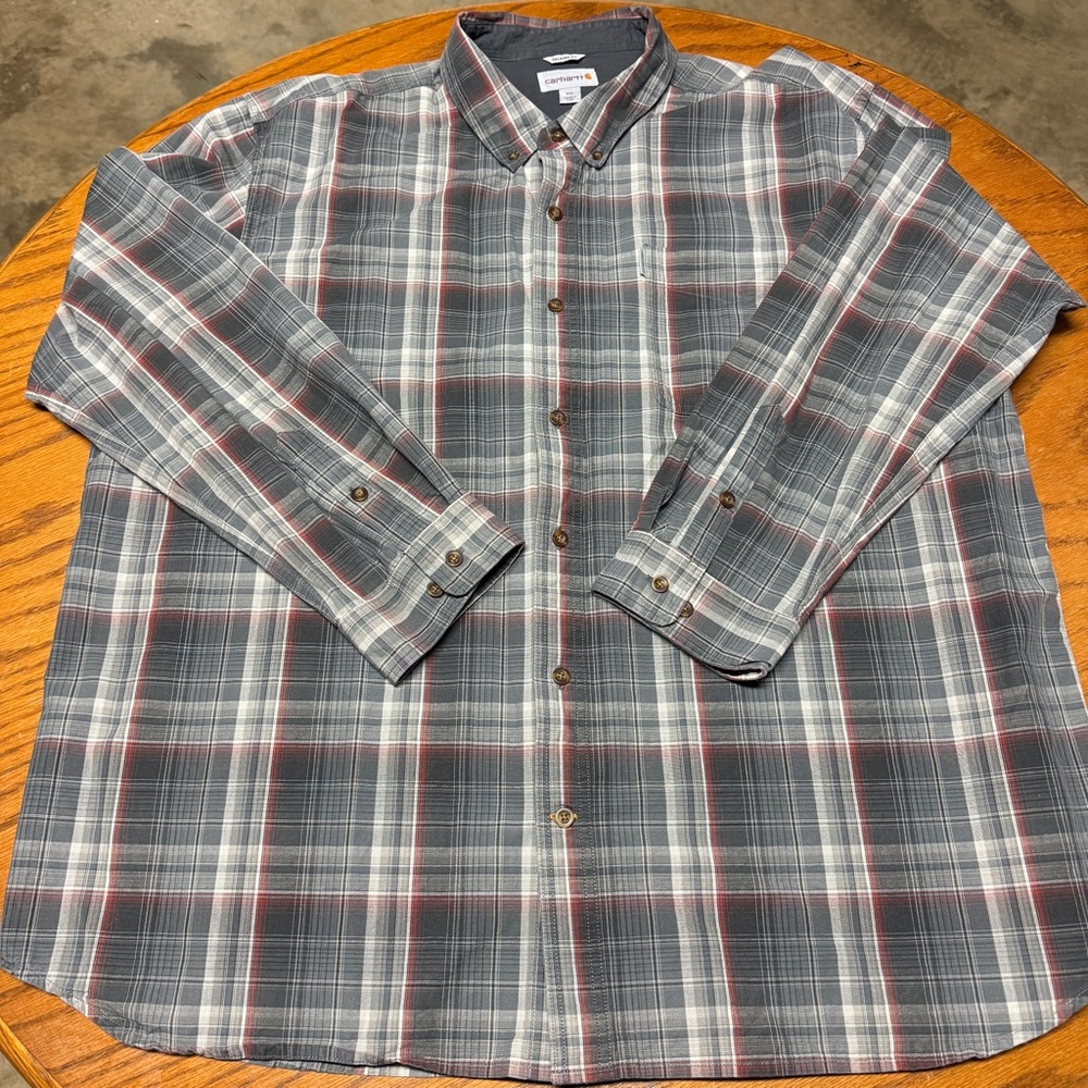Carhartt Men's Gray and Red Plaid Casual Shirt